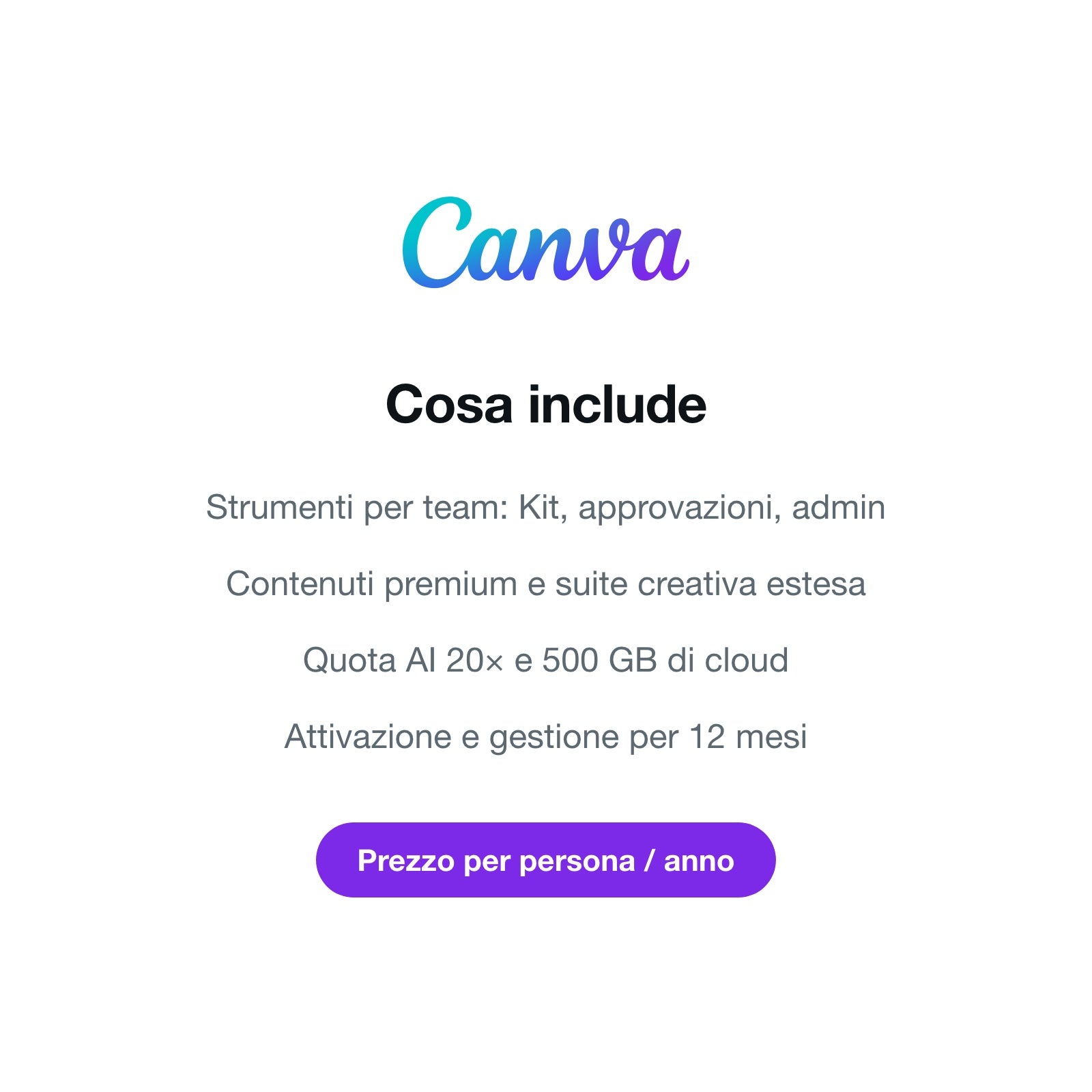Cosa include Canva Business: team, contenuti premium, AI 20x, 12 mesi, prezzo per persona