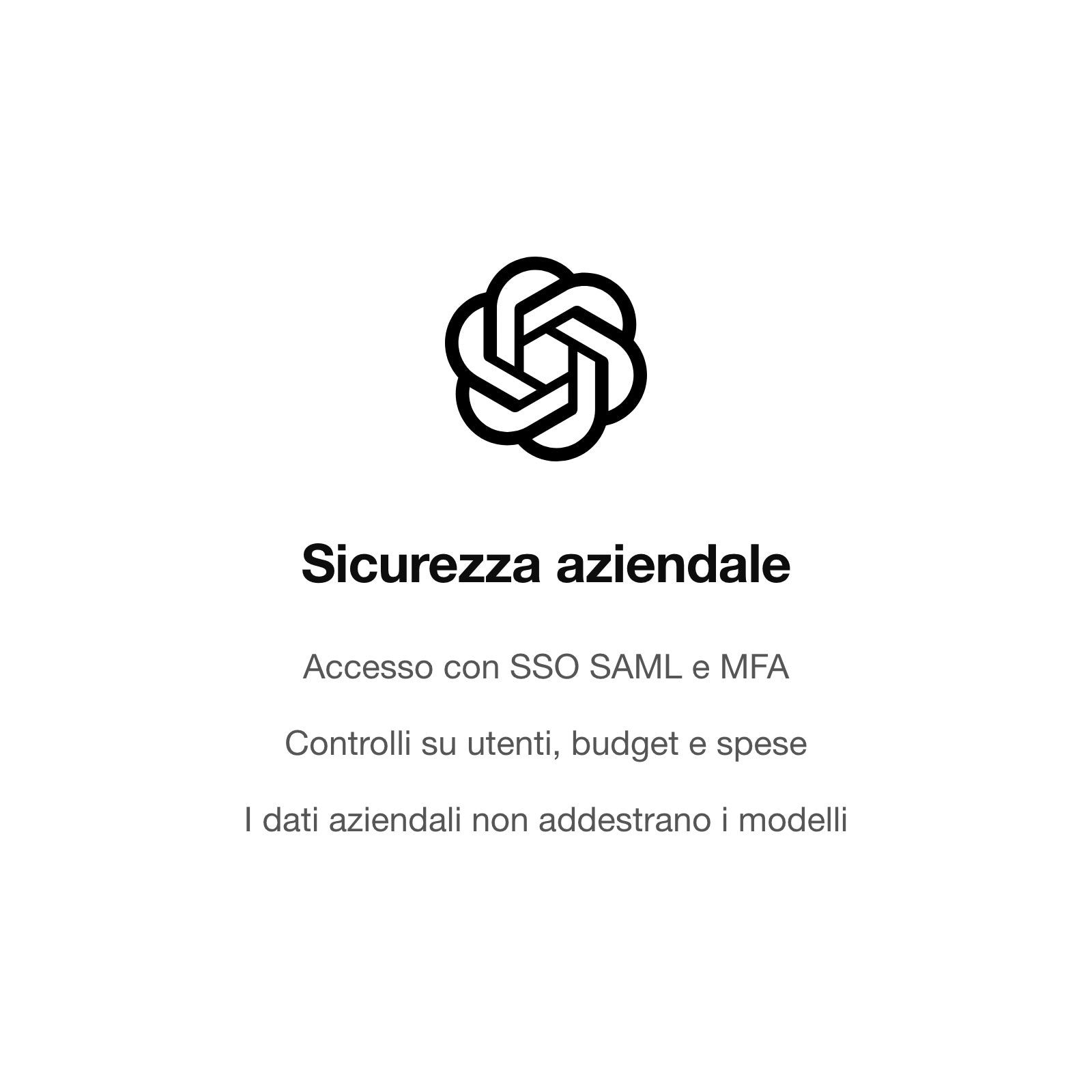 Sicurezza aziendale: SSO SAML, MFA, dati non usati per addestramento
