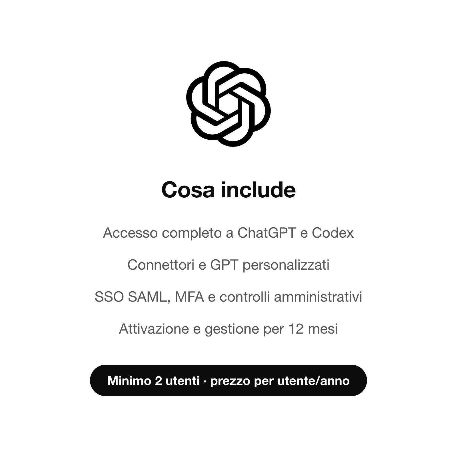 Cosa include ChatGPT Business: ChatGPT e Codex, connettori, SSO, 12 mesi, minimo 2 utenti
