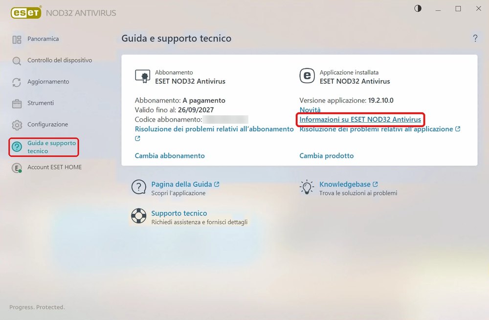 ESET su Windows: a sinistra la voce Guida e supporto tecnico, a destra il link Informazioni su ESET NOD32 Antivirus, evidenziati in rosso
