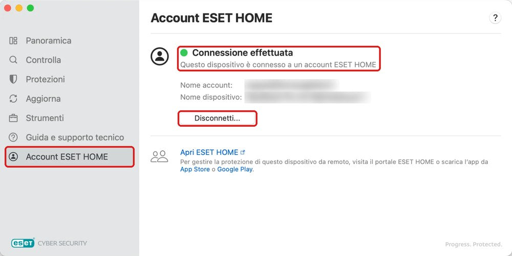 ESET su Mac, Account ESET HOME: la scritta Questo dispositivo è connesso a un account ESET HOME e il pulsante Disconnetti…, evidenziati in rosso