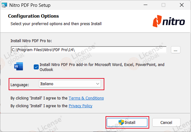 Finestra Configuration Options di Nitro PDF Pro 14 con il menu Language impostato su Italiano e il pulsante Install evidenziati