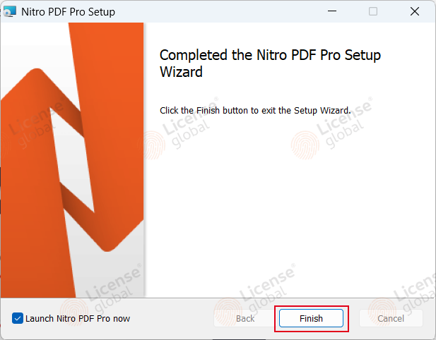 Schermata finale del programma di installazione di Nitro PDF Pro con il pulsante Finish evidenziato
