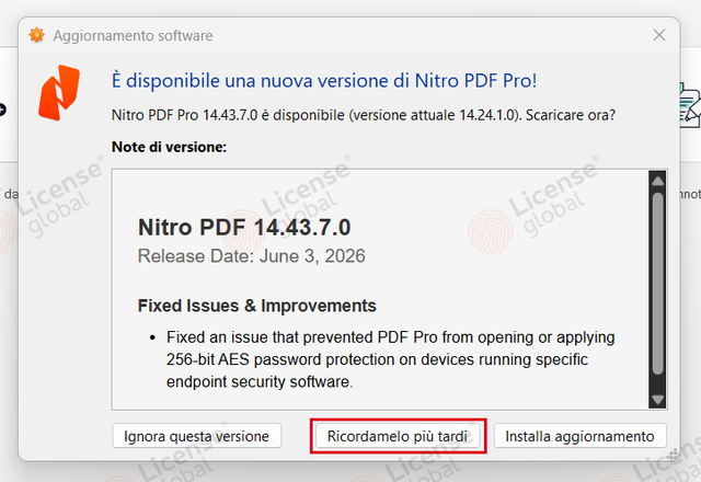 Finestra Aggiornamento software di Nitro PDF Pro con il pulsante Ricordamelo più tardi evidenziato