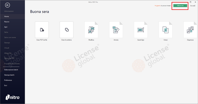 Schermata iniziale di Nitro PDF Pro con il pulsante Attiva ora evidenziato in alto a destra