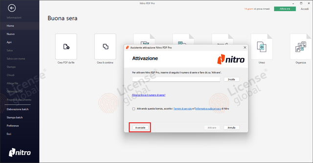 Finestra Attivazione di Nitro PDF Pro con il pulsante Avanzate evidenziato in basso a sinistra