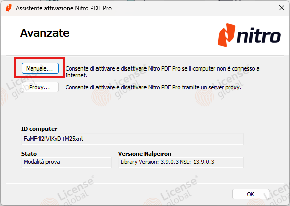 Finestra Avanzate di Nitro PDF Pro con il pulsante Manuale evidenziato