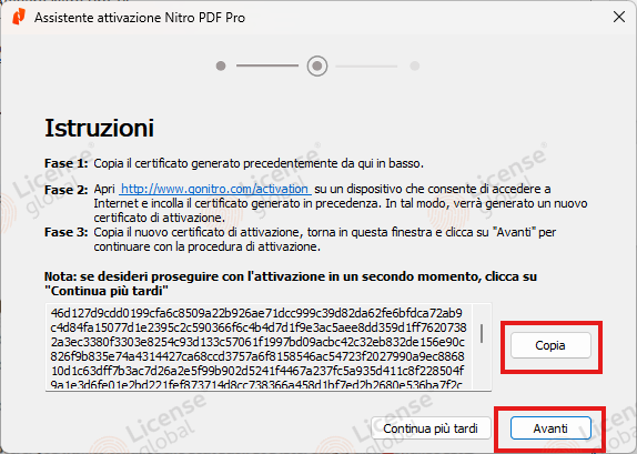 Schermata Istruzioni di Nitro PDF Pro con il certificato di installazione e il pulsante Copia evidenziati