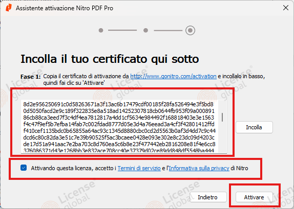 Schermata di Nitro PDF Pro per incollare il certificato di attivazione, con casella dei termini e pulsante Attivare evidenziati