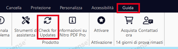 Barra multifunzione di Nitro PDF Pro con la scheda Guida e il comando Check for Updates evidenziati