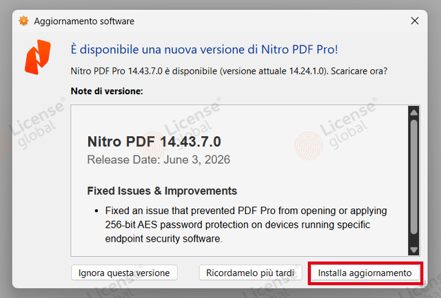Finestra Aggiornamento software di Nitro PDF Pro con il pulsante Installa aggiornamento evidenziato