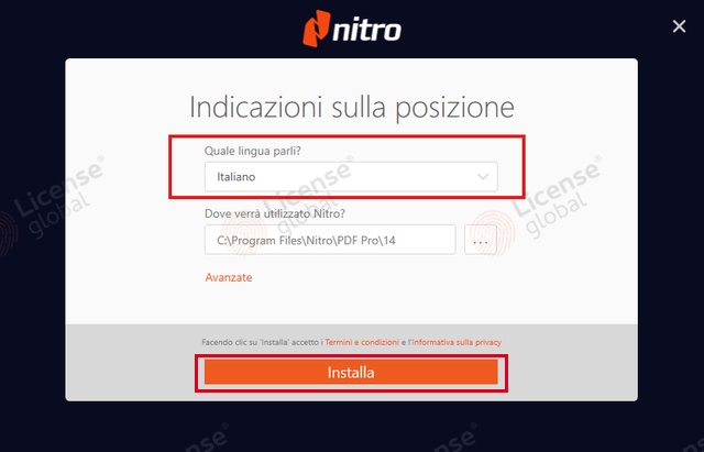 Schermata Indicazioni sulla posizione di Nitro con la lingua Italiano e il pulsante Installa evidenziati